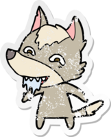 distressed sticker of a cartoon hungry wolf png