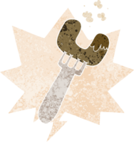 cartoon sausage on fork with speech bubble in grunge distressed retro textured style png