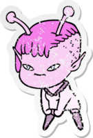 distressed sticker of a cute cartoon alien girl png