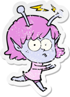 distressed sticker of a cartoon alien girl png