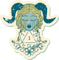 grunge sticker of a crying tiefling with natural one D20 dice roll png