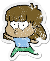 distressed sticker of a cartoon whistling girl png