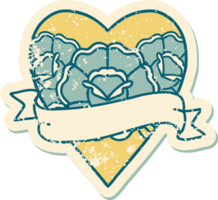 iconic distressed sticker tattoo style image of a heart and banner with flowers png