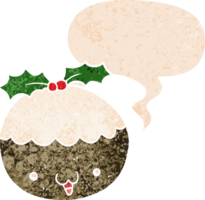 mignonne dessin animé Noël pudding avec discours bulle dans grunge affligé rétro texturé style png