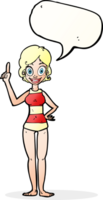 femme de bande dessinée en maillot de bain rayé avec bulle de dialogue png