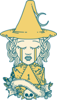 Retro Tattoo Style crying elf mage character face with natural one D20 roll png