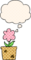 söt tecknad serie blomma med trodde bubbla i komisk bok stil png