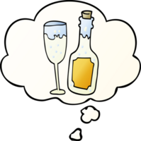 cartoon champagne bottle and glass with thought bubble in smooth gradient style png