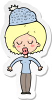 sticker of a cartoon woman wearing winter hat png