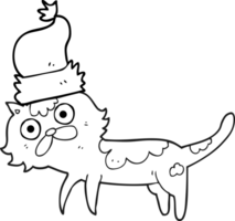 hand drawn black and white cartoon cat wearing christmas hat png