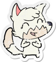 distressed sticker of a happy cartoon fox png