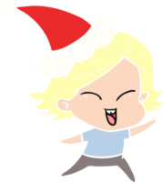 happy hand drawn flat color illustration of a girl wearing santa hat png