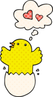 cute hatching chick cartoon with thought bubble in comic book style png