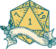 Retro Tattoo Style natural one d20 dice roll png