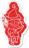 quirky cartoon distressed sticker of a bald man staring wearing santa hat png