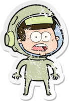 distressed sticker of a cartoon surprised astronaut png