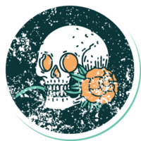 iconic distressed sticker tattoo style image of a skull and rose png
