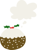 cartoon christmas pudding with thought bubble in retro style png