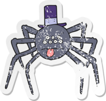 retro distressed sticker of a cartoon halloween spider in top hat png