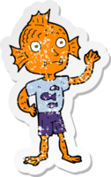 adesivo retrô angustiado de um menino de peixe acenando de desenho animado png