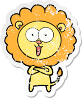 distressed sticker of a happy cartoon lion png