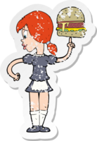 retro distressed sticker of a cartoon waitress serving a burger png