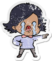 distressed sticker of a cartoon woman crying png