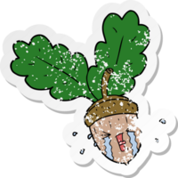 distressed sticker of a cartoon crying acorn png