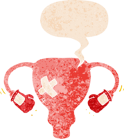 cartoon beat up uterus with boxing gloves with speech bubble in grunge distressed retro textured style png