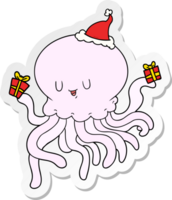 hand- getrokken sticker tekenfilm van een kwal in liefde vervelend de kerstman hoed png