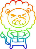 rainbow gradient line drawing of a cartoon lion with christmas present png