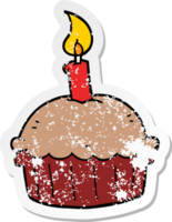 distressed sticker of a cartoon birthday cupcake png