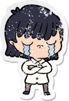 distressed sticker of a cartoon woman crying png