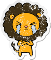 distressed sticker of a cartoon crying lion png