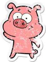 distressed sticker of a happy cartoon pig png