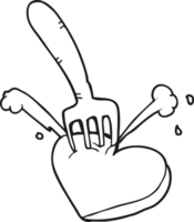 hand drawn black and white cartoon heart stabbed by fork png
