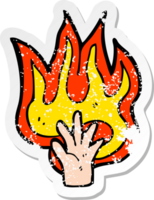 retro distressed sticker of a flaming hand symbol png