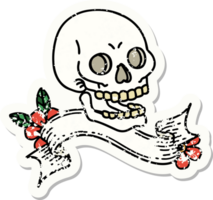 worn old sticker with banner of a skull png