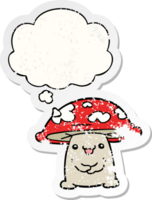 dessin animé champignon personnage avec pensée bulle comme une affligé usé autocollant png