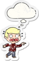 cartoon stressed out pointing with thought bubble as a distressed worn sticker png