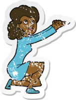 retro distressed sticker of a cartoon woman presentation gesture png