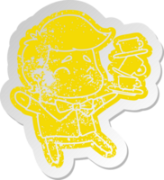 distressed old cartoon sticker of a kawaii cute waiter png