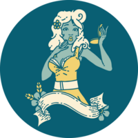 iconic tattoo style image of a pinup surprised girl with banner png