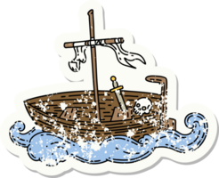 worn old sticker of a tattoo style empty boat with skull png