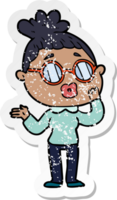 distressed sticker of a cartoon woman wearing spectacles png