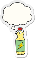 cartone animato bibita bottiglia con pensato bolla come un' stampato etichetta png