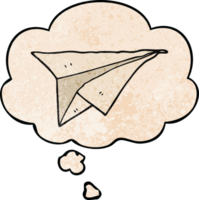 cartoon paper airplane with thought bubble in grunge texture style png