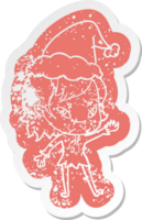 quirky cartoon distressed sticker of a friendly vampire girl wearing santa hat png