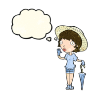 cartoon woman in summer hat waving with thought bubble png