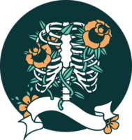 tattoo style icon with banner of a rib cage and flowers png